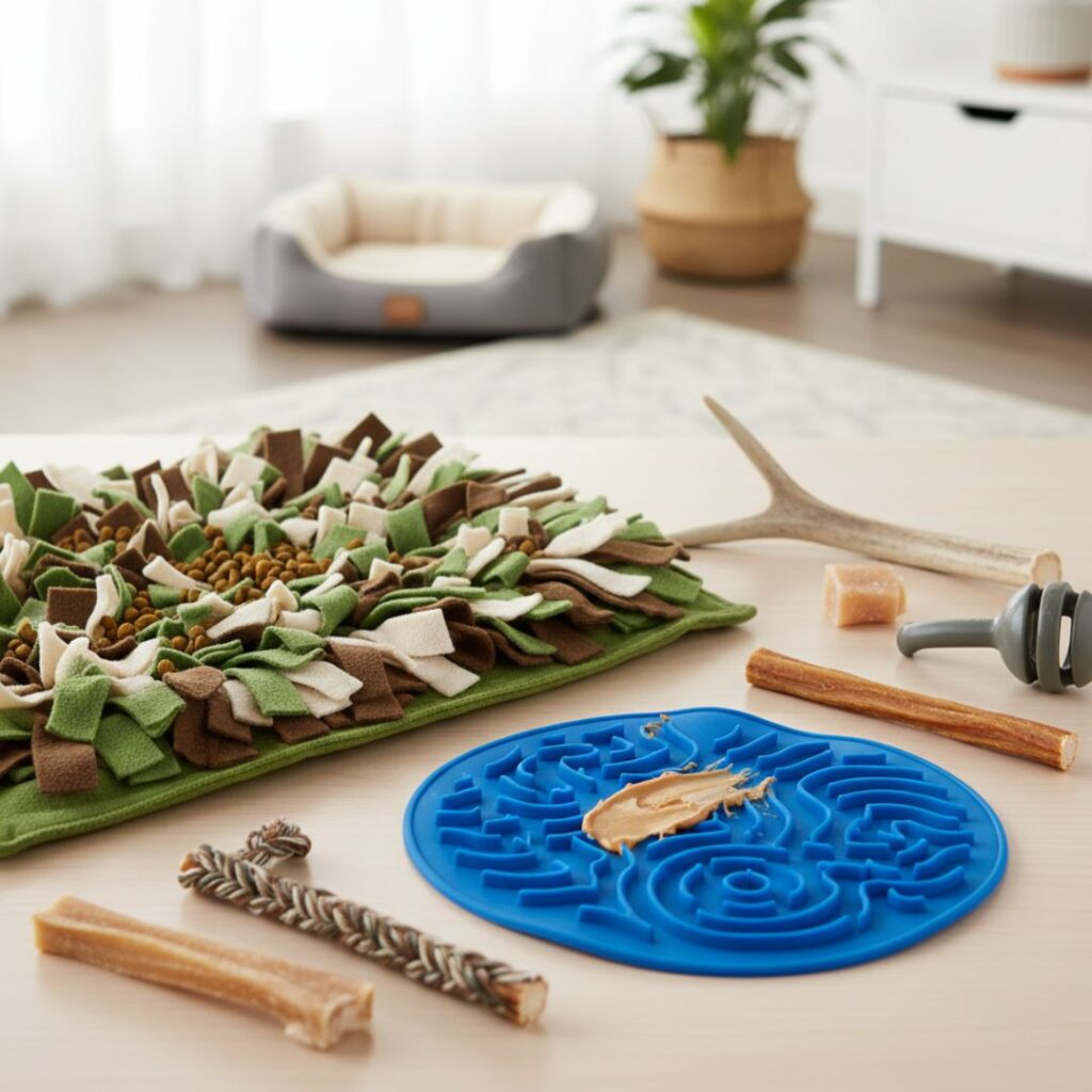 Mata węchowa i lick mata dla psa z gryzakami - akcesoria uspokajające na Sylwestra