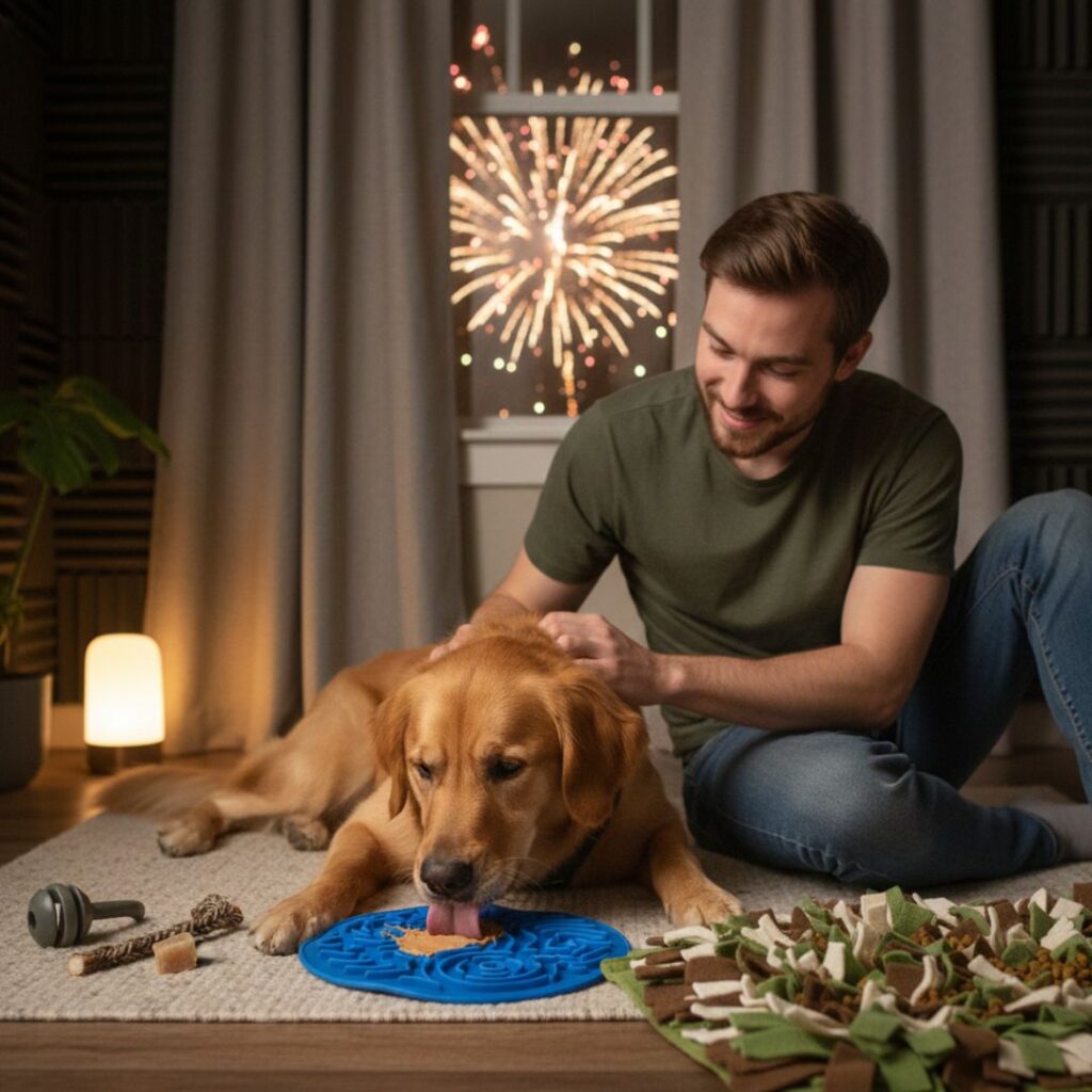 Spokojny golden retriever z opiekunem podczas Sylwestra - pies liże lick matę w bezpiecznym domu z fajerwerkami za oknem